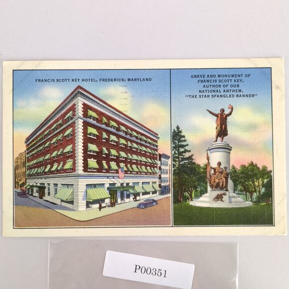 Francis Scott Key Hotel & Grave Monument Frederick MD Vtg Linen Postcard 1951 - Picture 1 of 2
